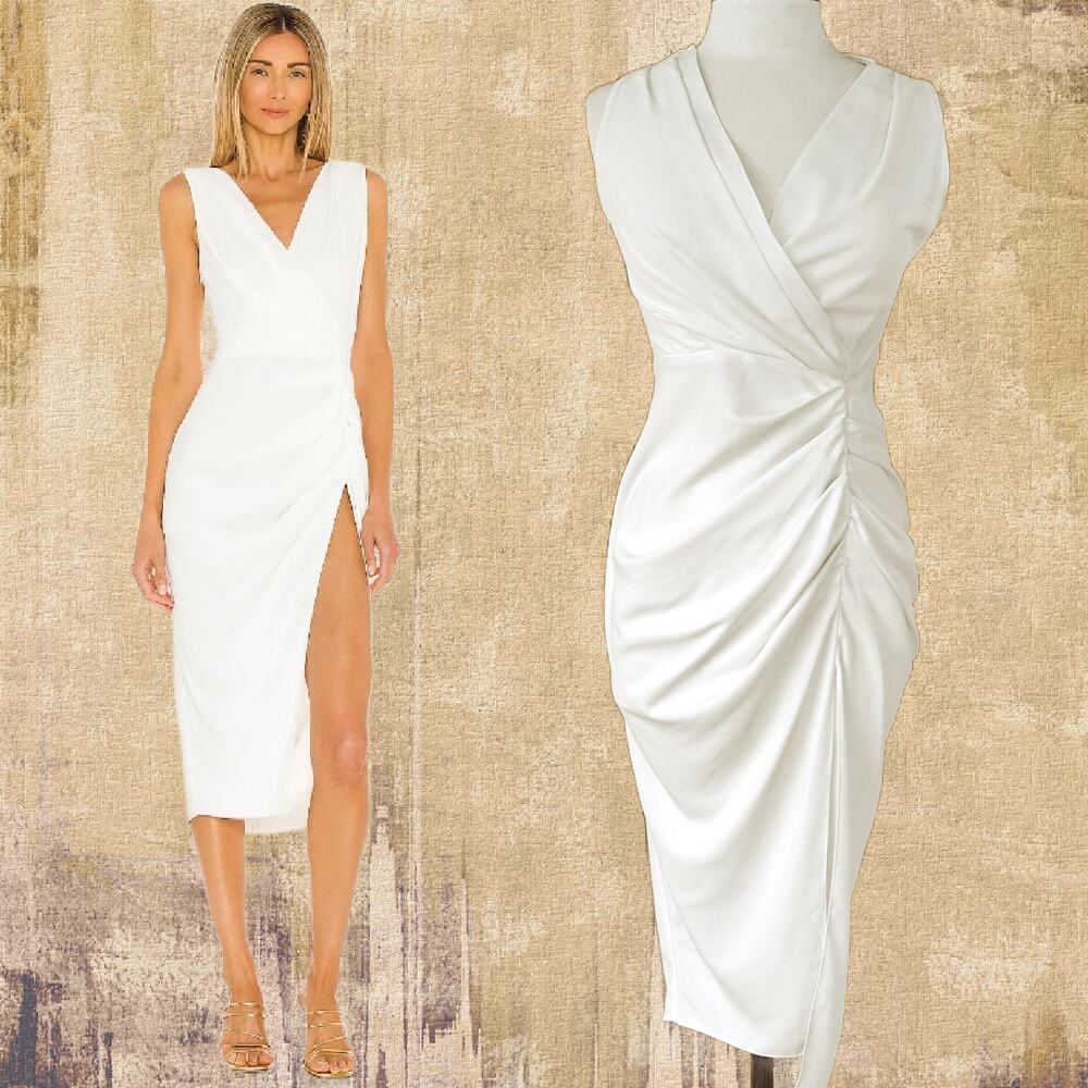 AMANDA UPRICHARD Pomona Ruched Slit Midi Dress in Pale Ivory Size Small Revolve